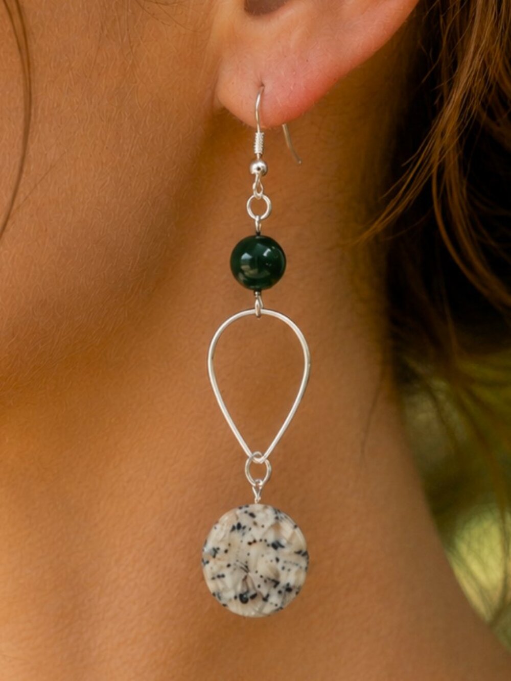 Indian Agate & Sesame Jasper Dangle Earrings, Long Silver Teardrop Drops